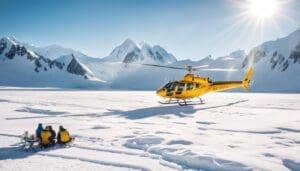Een helikoptervlucht naar een afgelegen gletsjer voor een champagne picknick