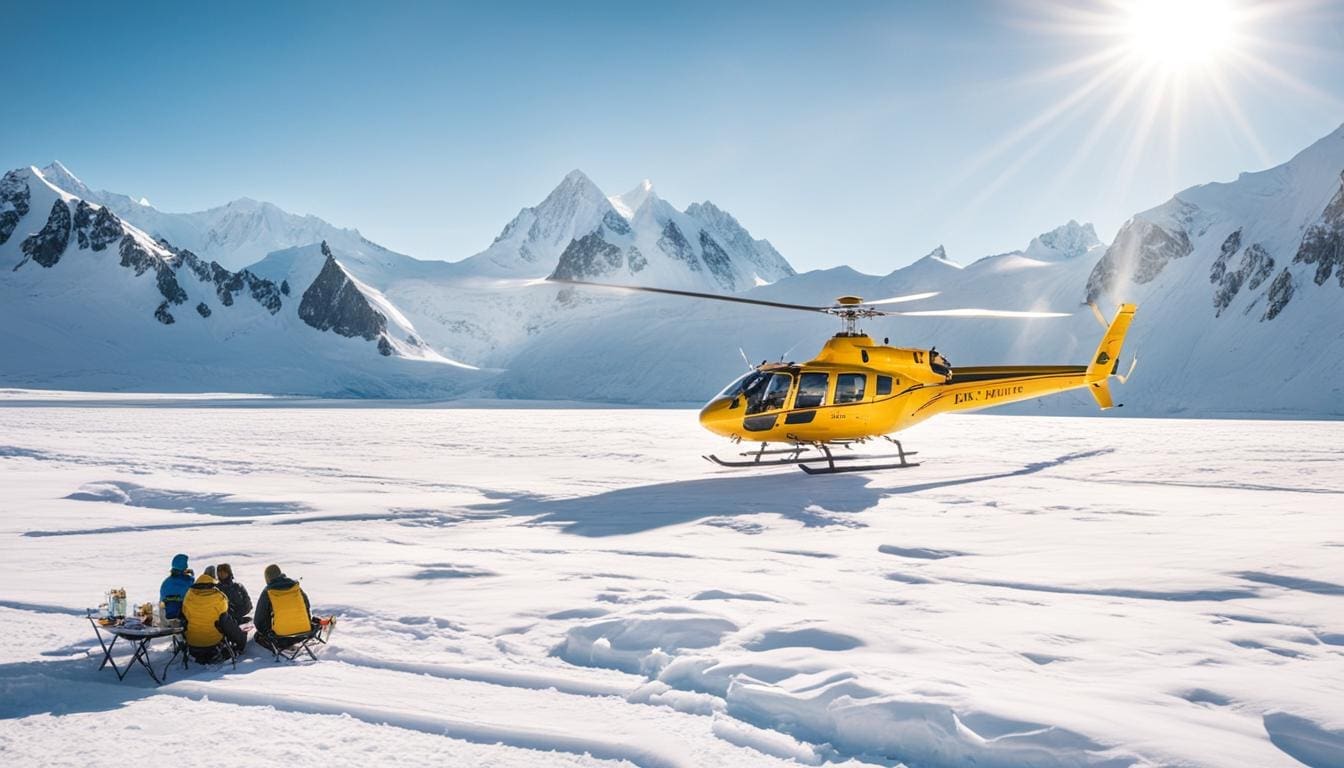 Een helikoptervlucht naar een afgelegen gletsjer voor een champagne picknick