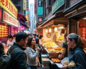 Proef de gerechten van de straatmarkten van Hong Kong