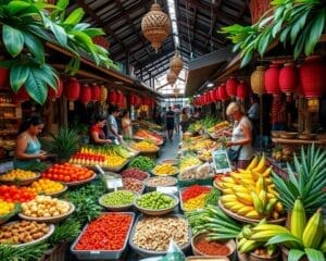 Proef de tropische gerechten op de markten van Bali