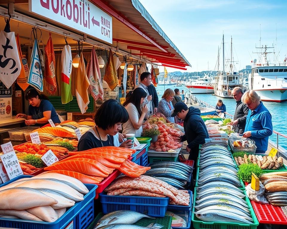 Proef de verse visgerechten in de haven van Hokkaido, Japan