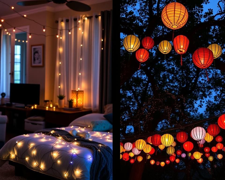 gebruik lichtslingers in woonkamer slaapkamer buitenruimtes decoratie