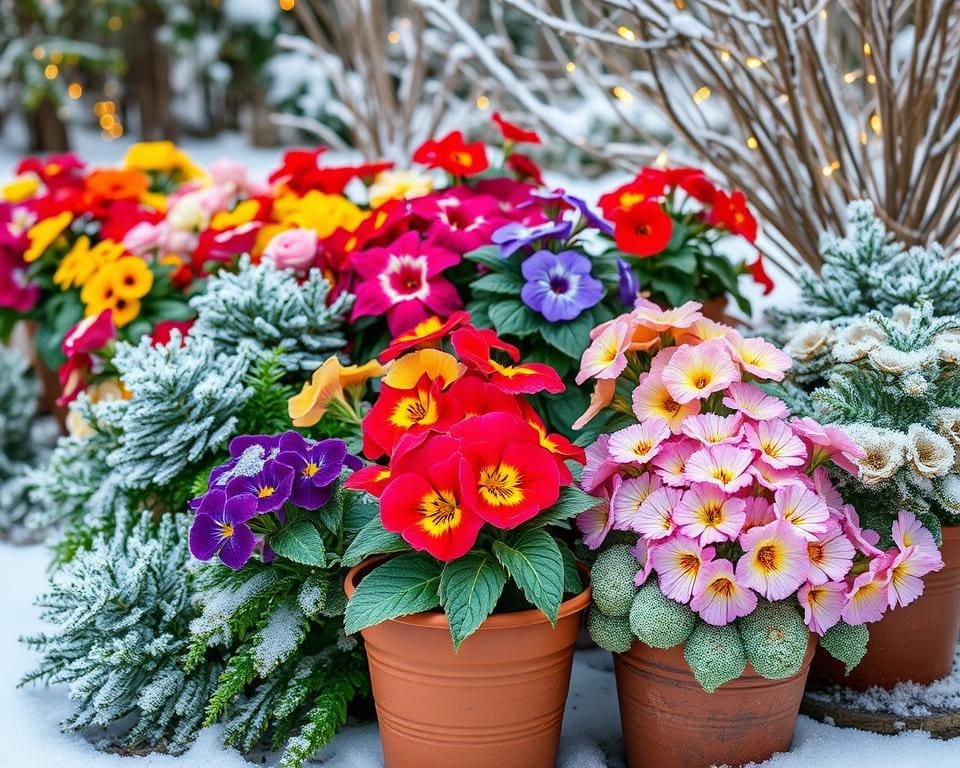 kleurrijke bloembakken in de winter