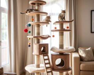 Kattenkrabpalen met meerdere platforms en speeltjes