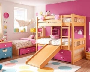 Kinderbedden met een speelse glijbaan aan de zijkant