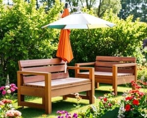 Tuinbanken met een geïntegreerde parasolhouder