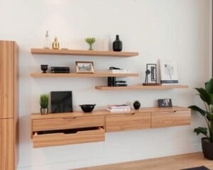 Wandplanken met een ingebouwde lade voor accessoires